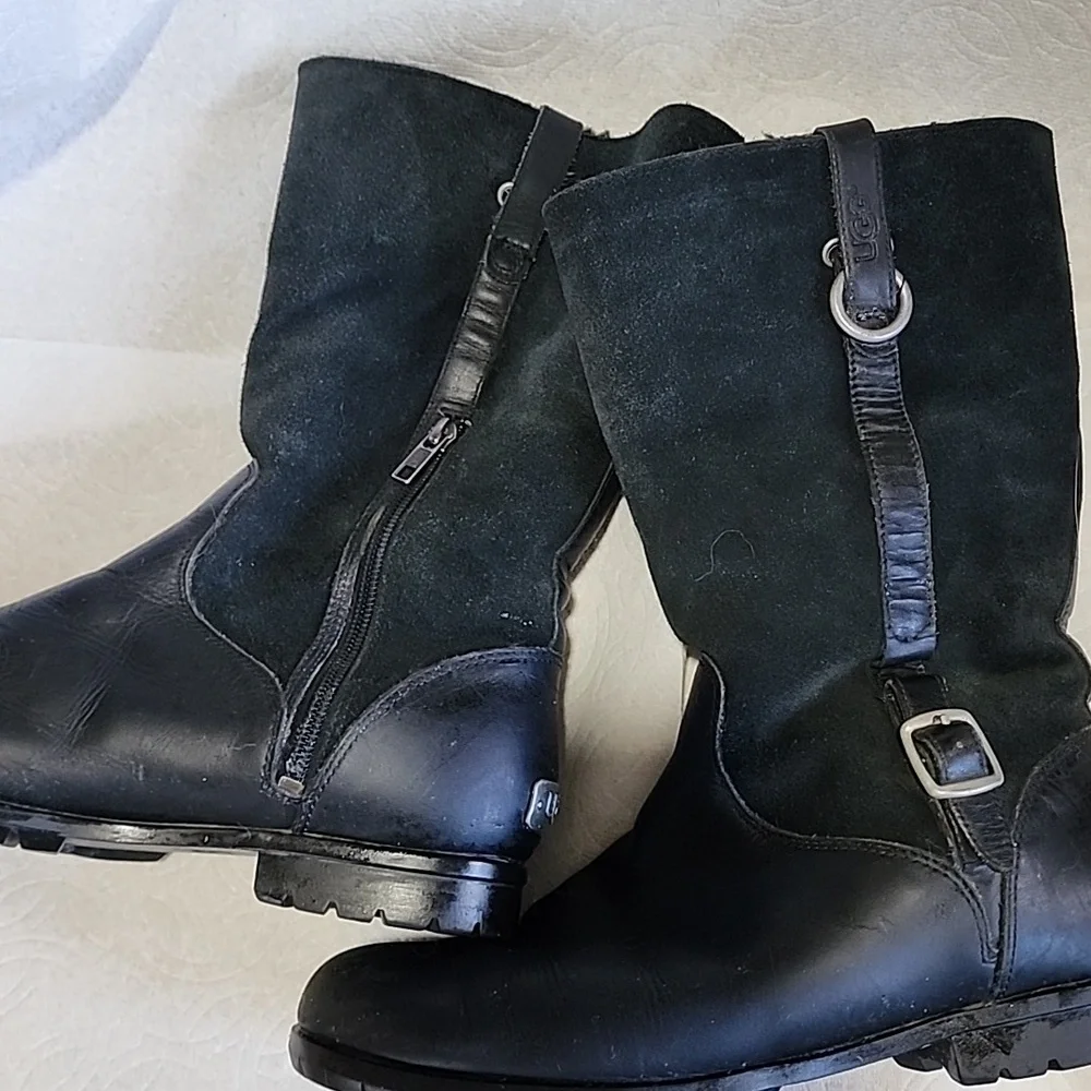 Vintage UGG Black Leather Unisex Boots Sz 9L/7.5M Goth Biker Winter Snow Durable
